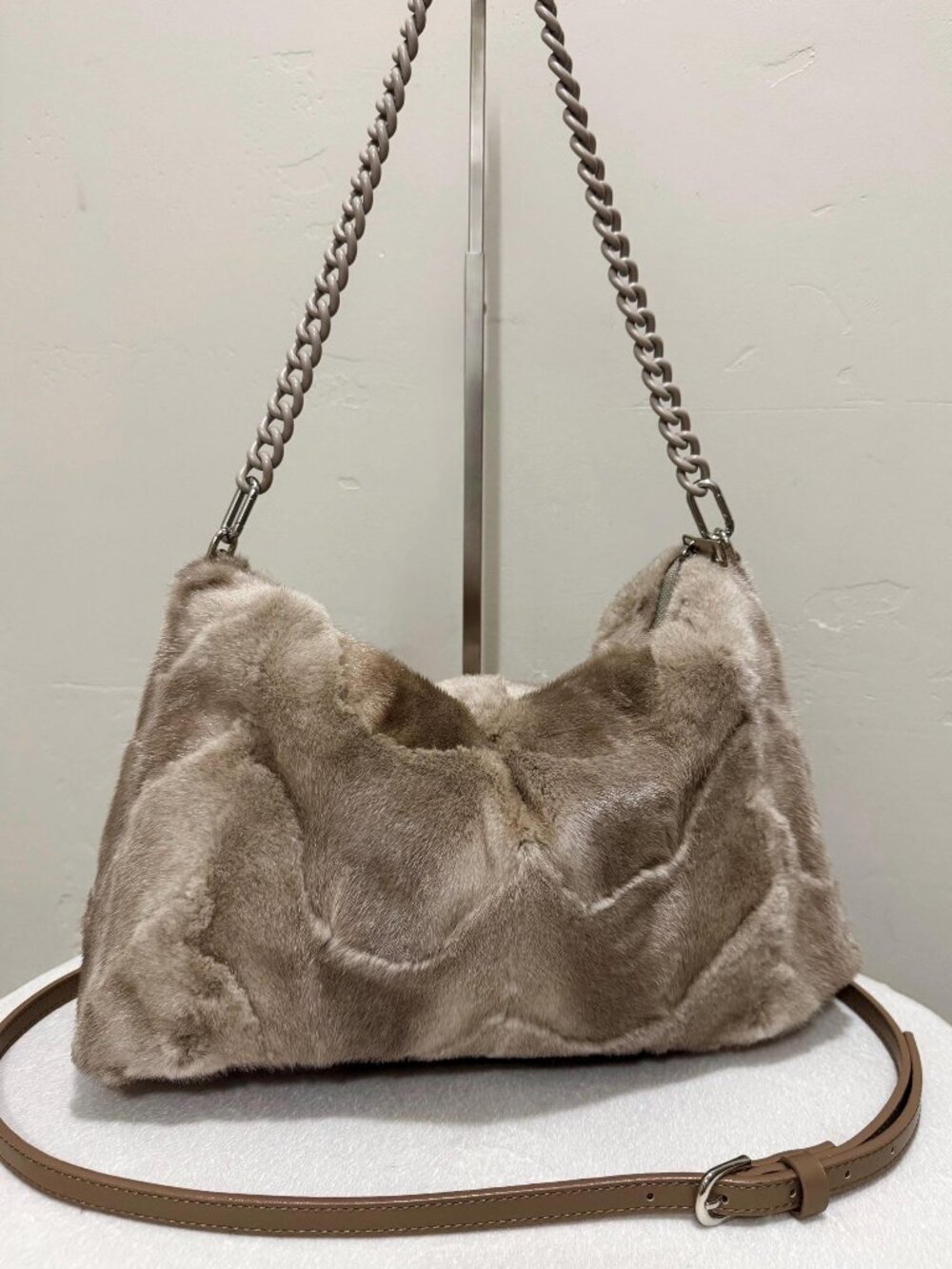 Beige Genuine Mink Fur Handmade Soft Slouchy Bag, Multi Use Style